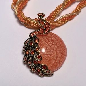 Bohemian Style Orange Cabachon Peacock Statement Necklace